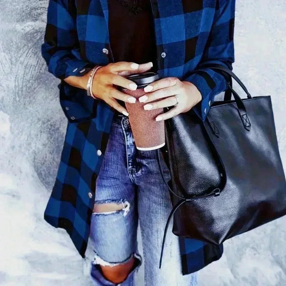 Blue Casual Women's Plaid Long Sleeve Loose Casual Blouse - Picture 2 of 3